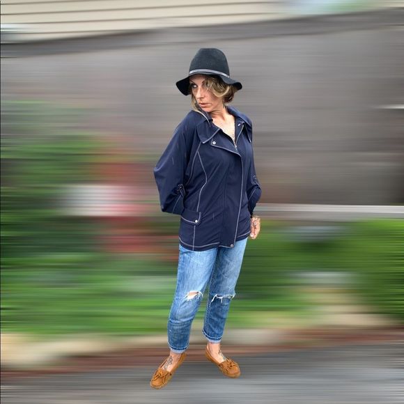 Navy blue & white chain stitch sailor style oversized crop sleeve summer jacket - Picture 7 of 12